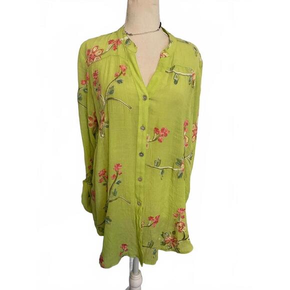 Floral Embroidered Button-Up Shirt in Vibrant Lime Green - Picture 1 of 9
